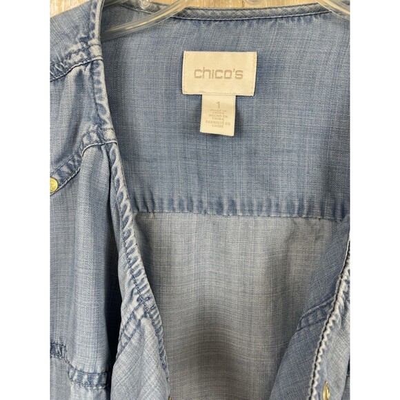 Chico's Size 1 Chambray Open Shirt Jacket Size Medium Roll Tab Sleeve - Picture 2 of 10